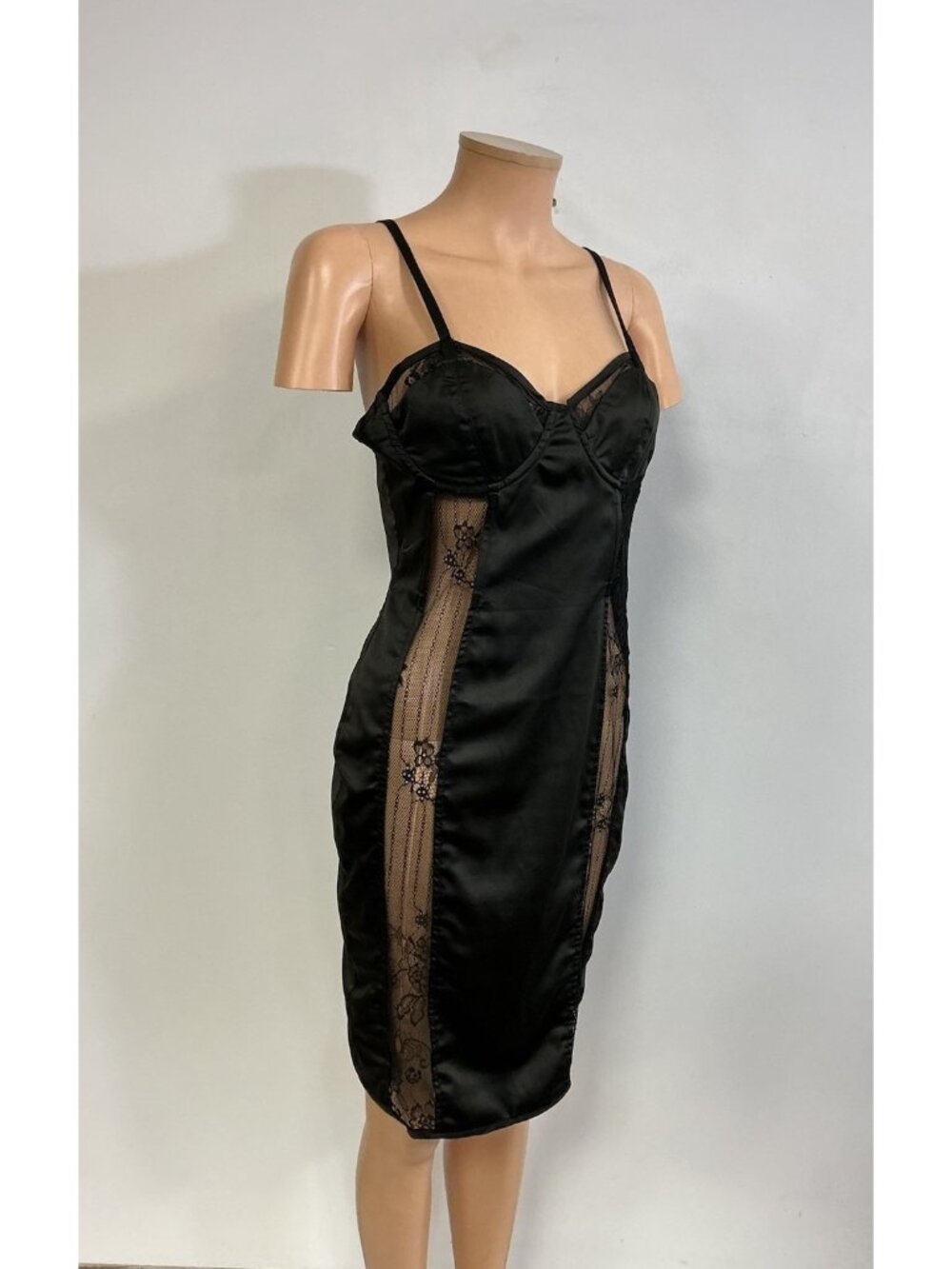 Black Satin Slip Dress Sexy Sheer Lace Womens Large